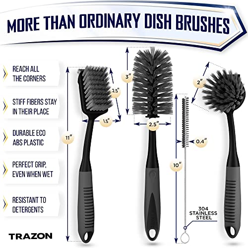 Trazon Dish Brush Set of 4 - Kitchen Scrub Brushes with Non-Slip Long Handle for Cleaning, Scrubber, Dishwashing, Dishes, Bottles, Straws, Cups, Pots & Sink, Black - Image 2