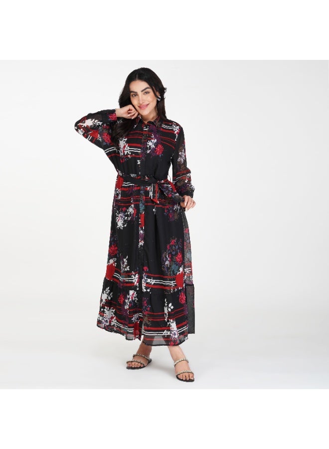 LINELLE فستان ماكسي مطبوع بالأزهار باللونين الأسود والأحمر - بأكمام طويلة وياقة مدببة - Image 4