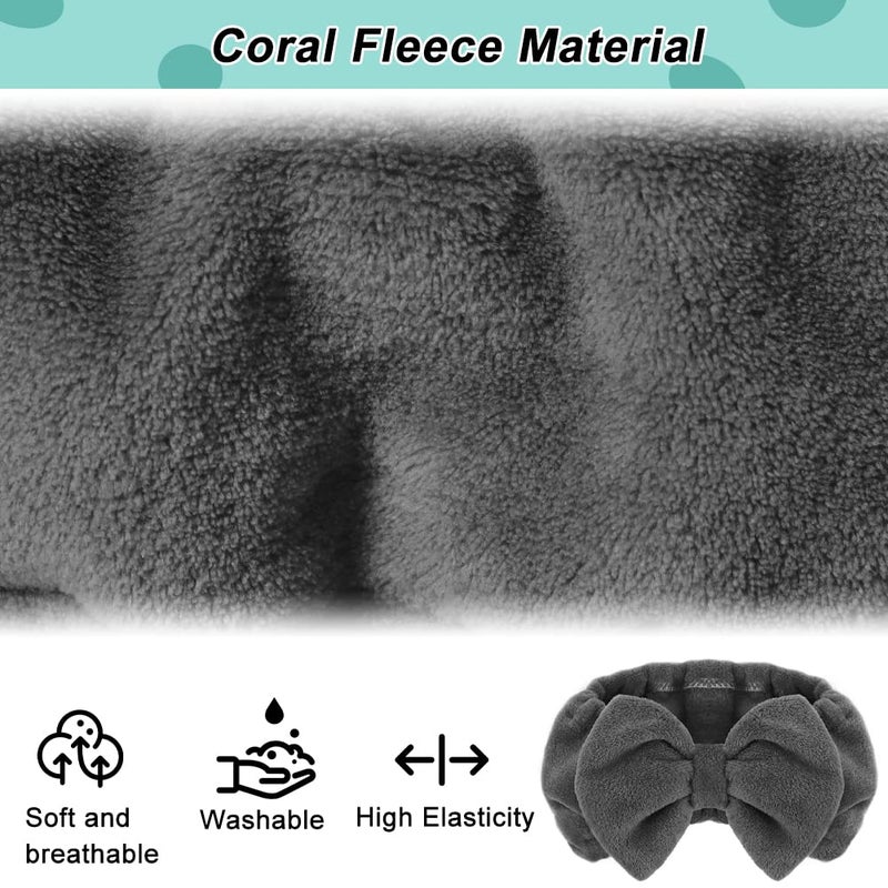 Shintop Makeup Headband Soft Carol Fleece Spa Headband with Cute Bow Elastic Headwear for Washing Face Skincare Facial Mask Showersï¼ˆGreyï¼‰ - Image 3