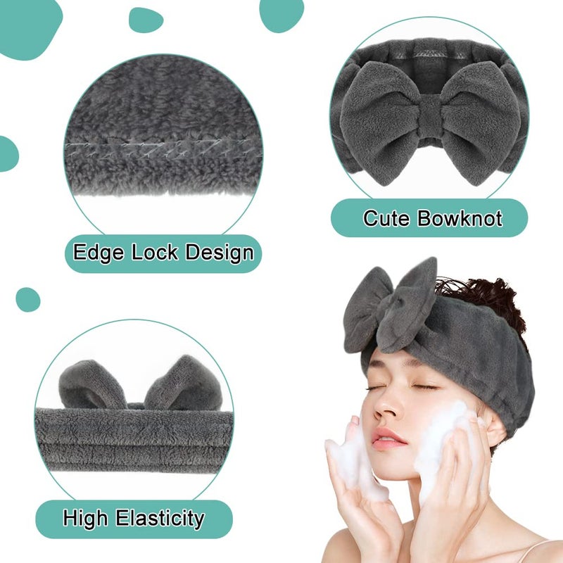 Shintop Makeup Headband Soft Carol Fleece Spa Headband with Cute Bow Elastic Headwear for Washing Face Skincare Facial Mask Showersï¼ˆGreyï¼‰ - Image 4