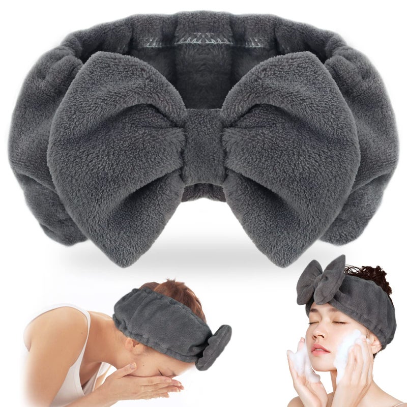 Shintop Makeup Headband Soft Carol Fleece Spa Headband with Cute Bow Elastic Headwear for Washing Face Skincare Facial Mask Showersï¼ˆGreyï¼‰ - Image 1