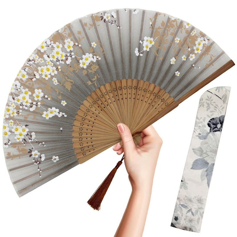 OMyTea Folding Hand Fan for Women  Foldable Chinese Japanese Vintage Bamboo Silk Fan  for Hot Flash Church EDM Music Festival Party Dance Performance Decoration Gift Gray Sakura