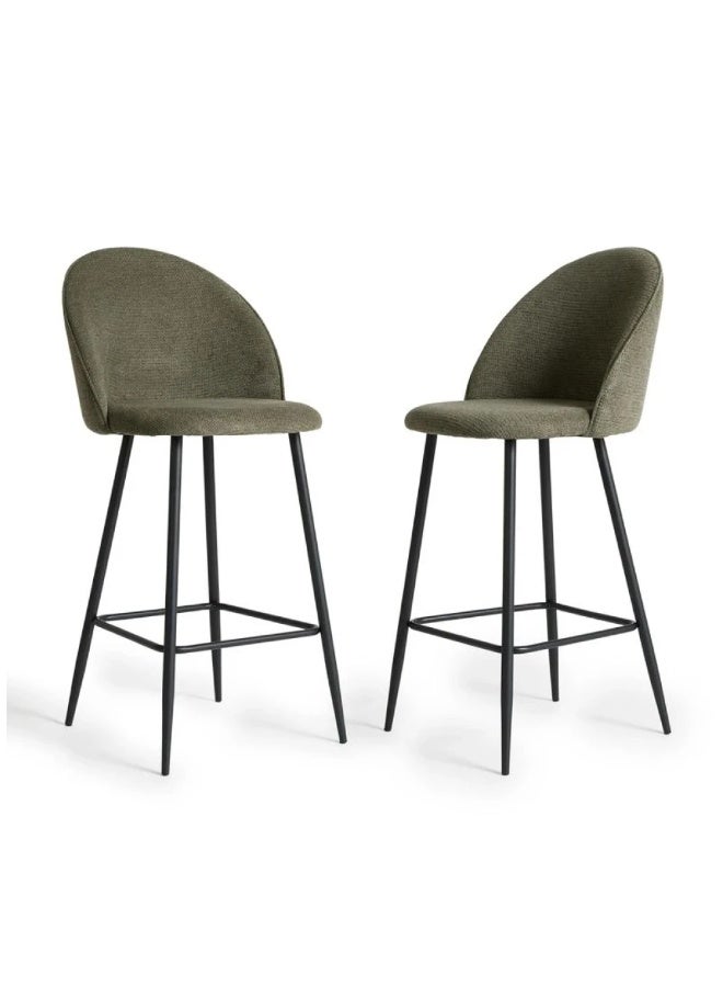 Chenille Set of 2 Designer Olive Green chenille Bar Stools -  black bases. &  fixed height - Contemporary non-swivel stools. for Luxury Homes - Image 1
