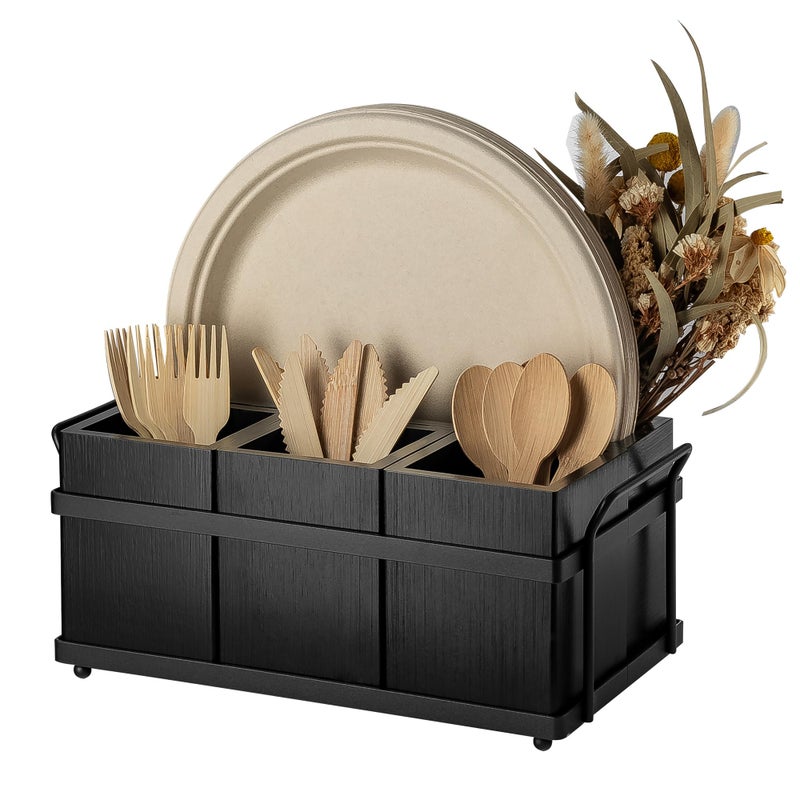 PTSTING Silverware Caddy Black Wood Silverware Holder Paper Plate Dispenser Utensil Caddy Cutlery Flatware Organizer Box for Spoons Forks Plates Napkins - Image 1