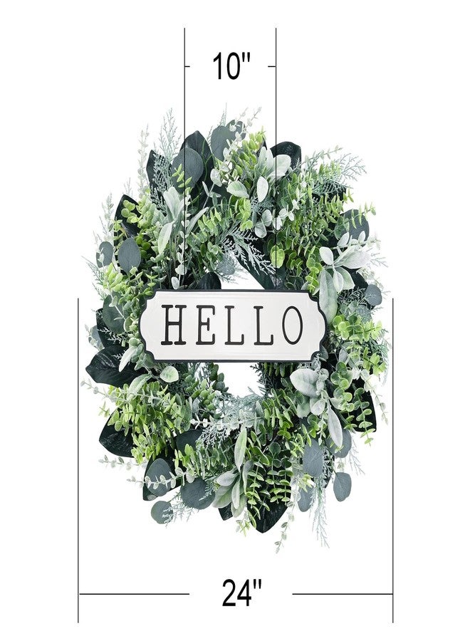 SEVENLOVE 24'' Hello Door Wreath 24inch Boxwood Wreath Farmhouse Eucalyptus Flocked Lambs Ear Wreaths for Front Door Hanging Wall Window Party Decoration - Image 2