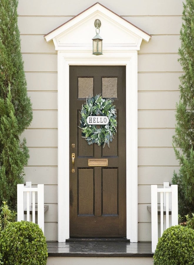 SEVENLOVE 24'' Hello Door Wreath 24inch Boxwood Wreath Farmhouse Eucalyptus Flocked Lambs Ear Wreaths for Front Door Hanging Wall Window Party Decoration - Image 5