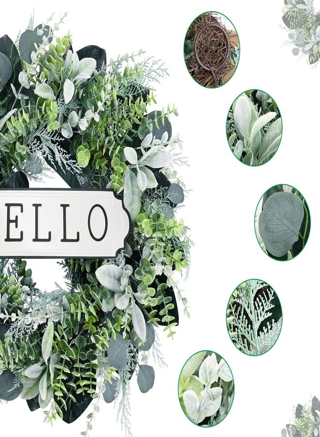 SEVENLOVE 24'' Hello Door Wreath 24inch Boxwood Wreath Farmhouse Eucalyptus Flocked Lambs Ear Wreaths for Front Door Hanging Wall Window Party Decoration - Image 3
