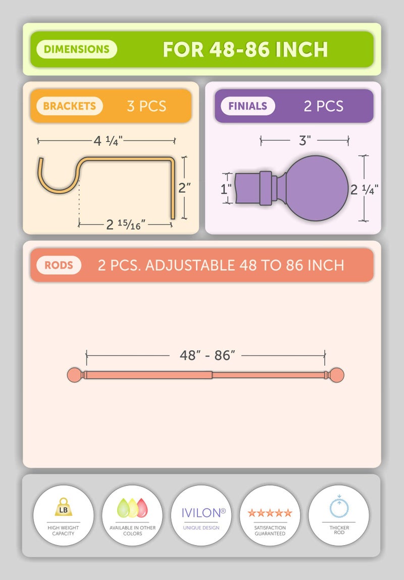 Ivilon Drapery Treatment Window Curtain Rod - Acrylic Ball 1 inch Pole. 48 to 86 Inch. Warm Gold - Image 4