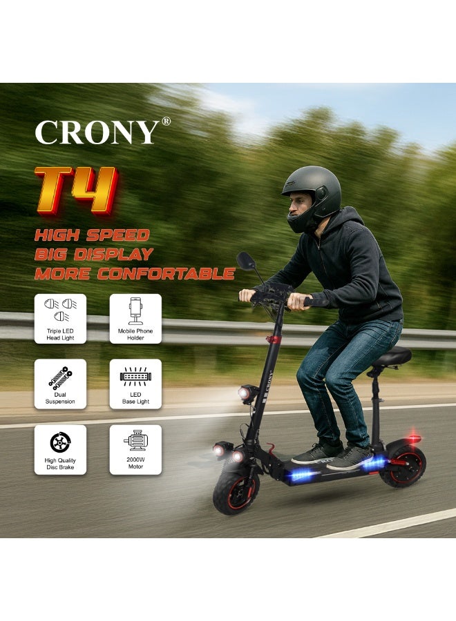 كروني سكوتر كهربائي T4 بشاشة كبيرة مع مقعد، محرك قوي 2000 واط بدون فرش، سرعة عالية 40–65 كم/س، بطارية 48V/13Ah طويلة المدى، سكوتر كهربائي قابل للطي للبالغين مع إطارات 10 إنش لجميع التضاريس ونظام تعليق مزدوج وفرامل قرصية هيدروليكية، مصابيح LED ثلاثية، قفل ذكي عبر التطبيق، دراجة كهربائية للتنقل اليومي، إطار ألومنيوم يتحمل 120 كجم، مناسب للتنقل الحضري وسكوتر كهربائي محمول. - Image 2