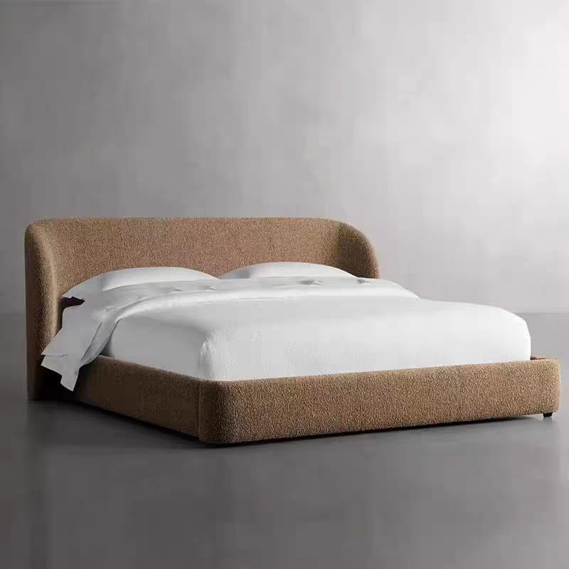 Boucle Fabric Upholstered Bed with Curved Wingback Headboard - Modern Luxury Low Profile Platform Frame (Light Brown, Queen) - Image 1