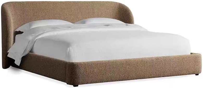 Boucle Fabric Upholstered Bed with Curved Wingback Headboard - Modern Luxury Low Profile Platform Frame (Light Brown, Queen) - Image 4