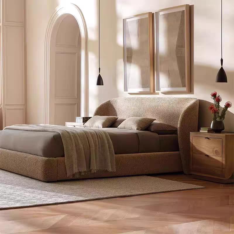 Boucle Fabric Upholstered Bed with Curved Wingback Headboard - Modern Luxury Low Profile Platform Frame (Light Brown, Queen) - Image 3