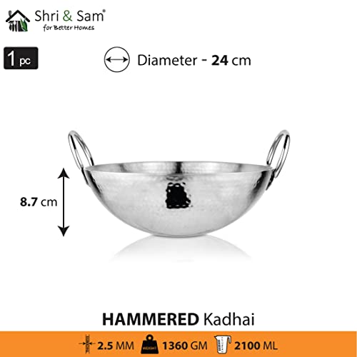 Shri & Sam Stainless Steel Heavy Weight Hammered Kadhai, 2.5 mm,24 cm, 1.3 Kg, 2.1 Litre - Image 2