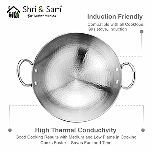Shri & Sam Stainless Steel Heavy Weight Hammered Kadhai, 2.5 mm,24 cm, 1.3 Kg, 2.1 Litre - Image 4