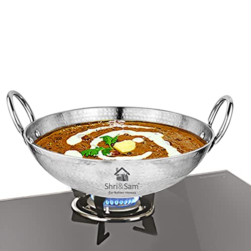 Shri & Sam Stainless Steel Heavy Weight Hammered Kadhai, 2.5 mm,24 cm, 1.3 Kg, 2.1 Litre - Image 1