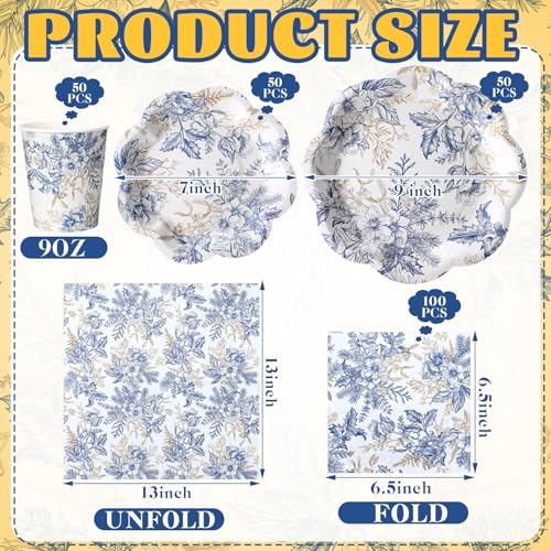 Newtay 250 Pcs Blue Floral Disposable Plates and Napkins Blue Gold Disposable Tableware Set for 50 Guests Paper Plates Napkins Cups for Wedding Bridal Shower Supplies - Image 3