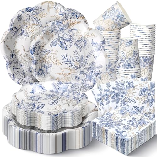 Newtay 250 Pcs Blue Floral Disposable Plates and Napkins Blue Gold Disposable Tableware Set for 50 Guests Paper Plates Napkins Cups for Wedding Bridal Shower Supplies - Image 1