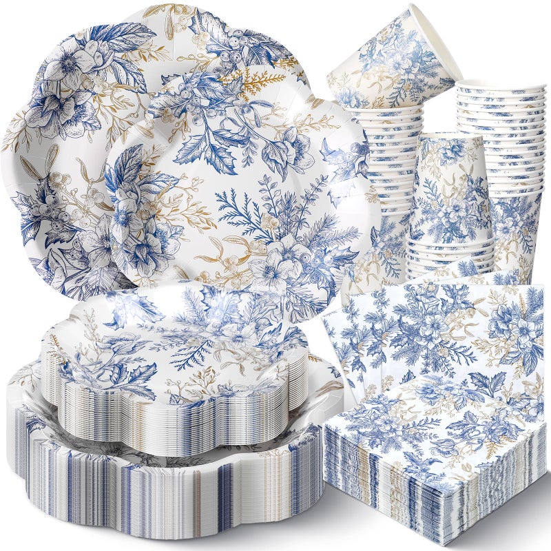 Newtay 250 Pcs Blue Floral Disposable Plates and Napkins Blue Gold Disposable Tableware Set for 50 Guests Paper Plates Napkins Cups for Wedding Bridal Shower Supplies - Image 2