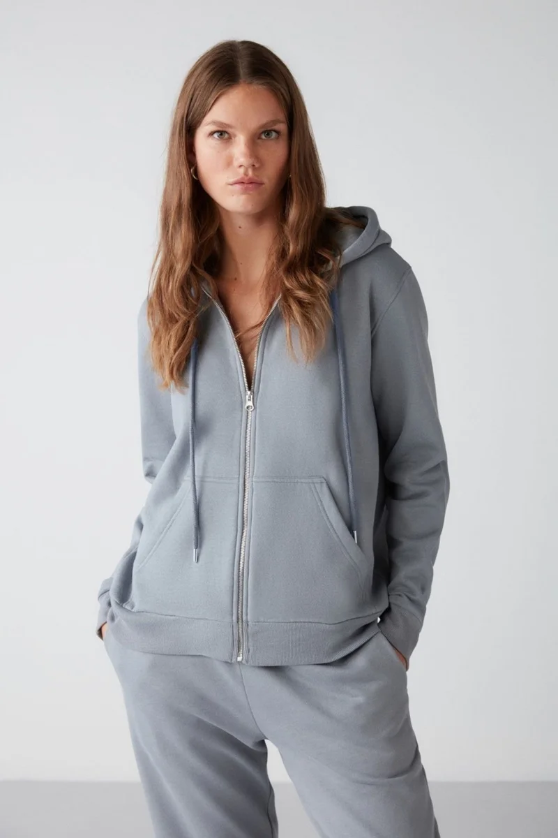 جريميلانج Carlota Women's Soft Polar Fleece 3 Thread Relaxed Hooded Zippered Blue Sweatshirt