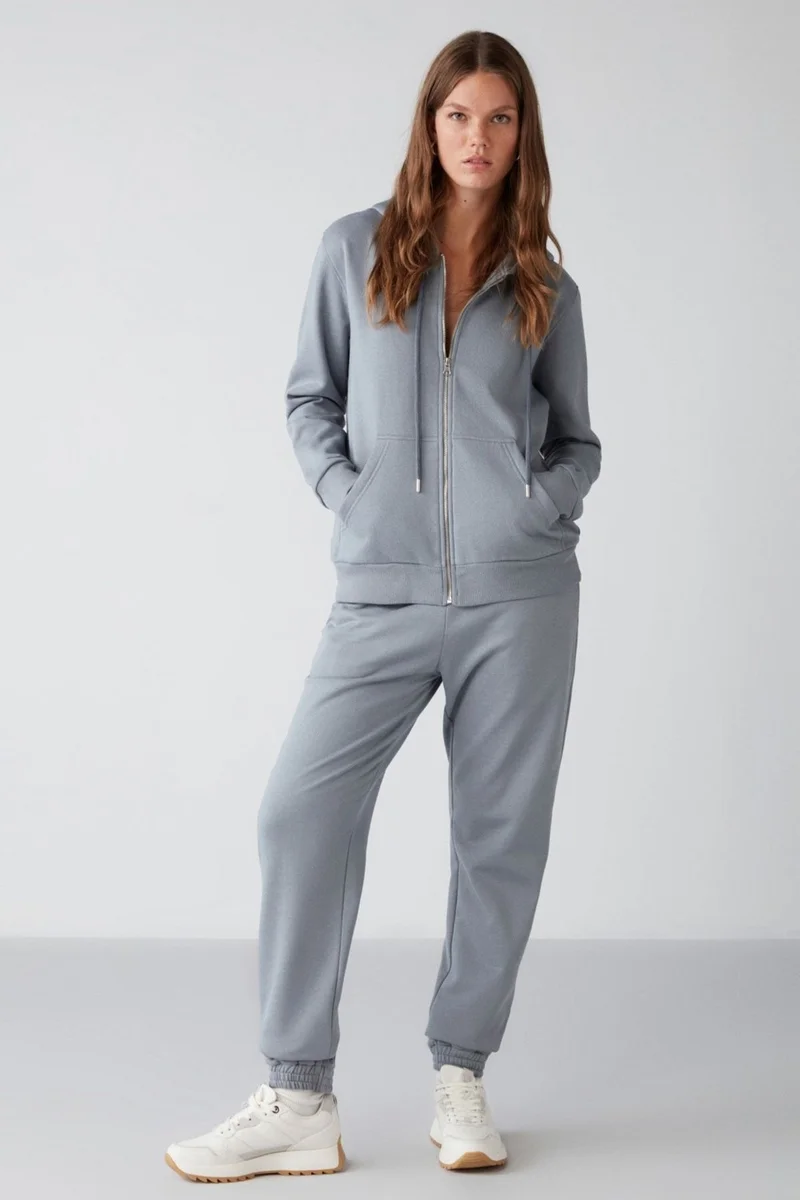 جريميلانج Carlota Women's Soft Polar Fleece 3 Thread Relaxed Hooded Zippered Blue Sweatshirt
