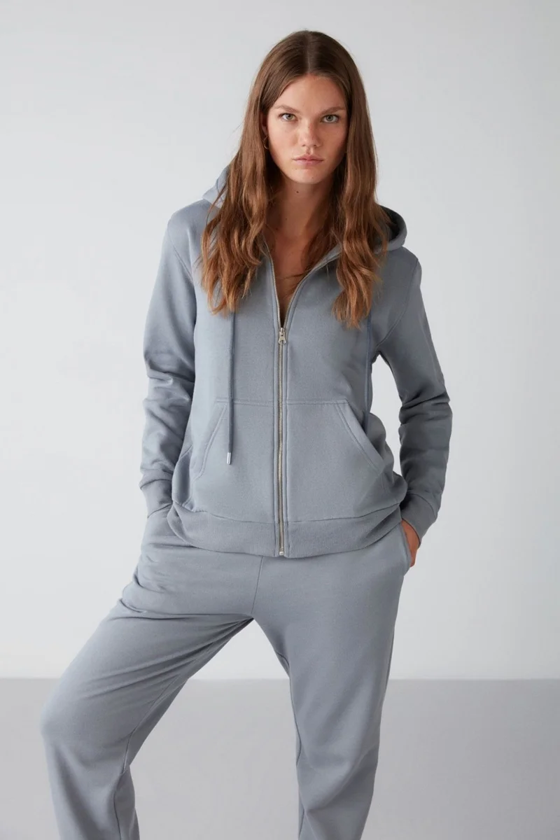 جريميلانج Carlota Women's Soft Polar Fleece 3 Thread Relaxed Hooded Zippered Blue Sweatshirt