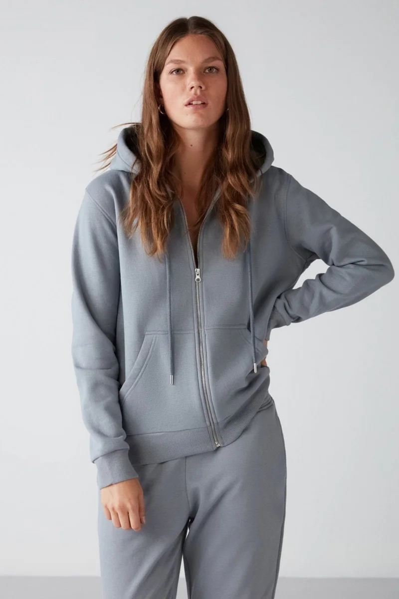 جريميلانج Carlota Women's Soft Polar Fleece 3 Thread Relaxed Hooded Zippered Blue Sweatshirt