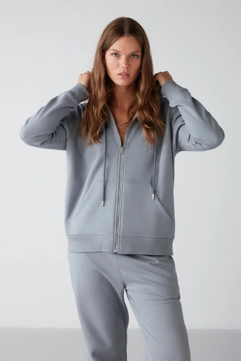 جريميلانج Carlota Women's Soft Polar Fleece 3 Thread Relaxed Hooded Zippered Blue Sweatshirt