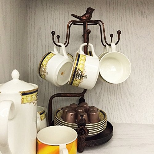 La La Pet Creation Core Vintage Bronze Iron Coffee Cup Holder Storage Premium Rustic Tea Mug and Saucer Display Rack Holds 6 Cups - Image 3