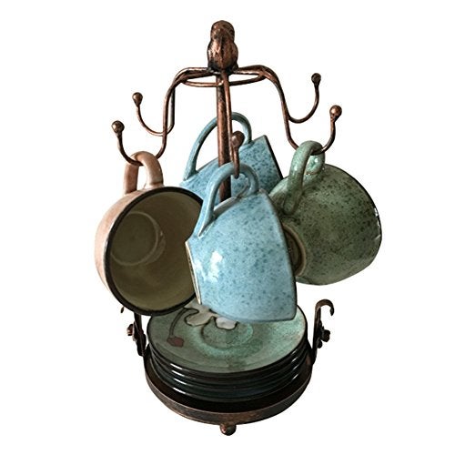 La La Pet Creation Core Vintage Bronze Iron Coffee Cup Holder Storage Premium Rustic Tea Mug and Saucer Display Rack Holds 6 Cups - Image 1