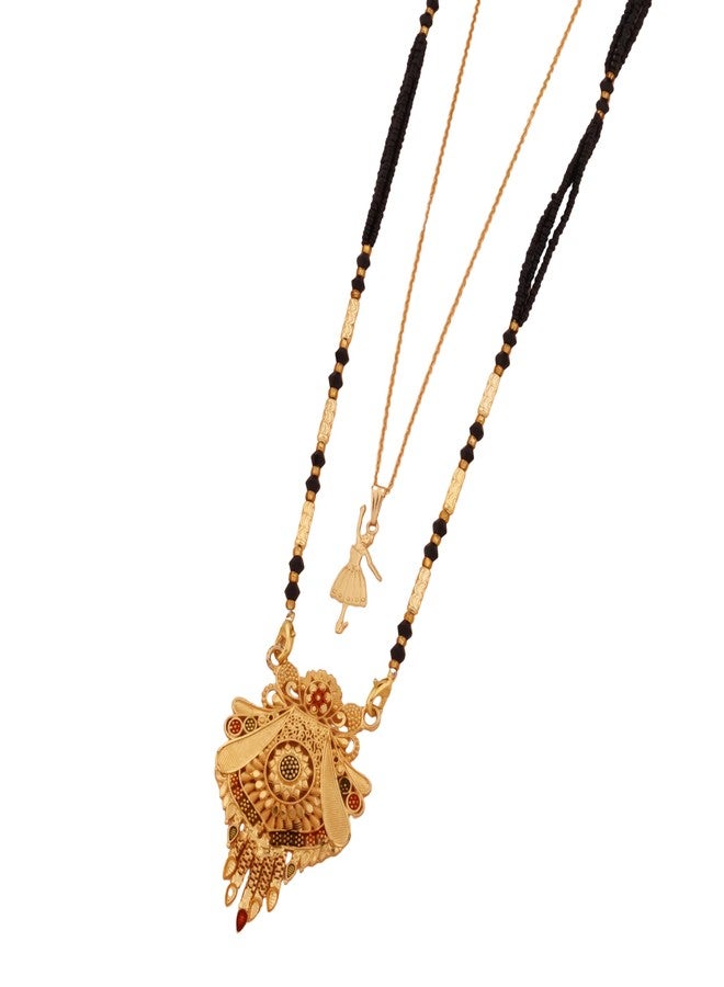 MALKYN Women's Gold Plated Peacock Motif Mangalsutra with Enamel Work and Ballerina Pendant Layered Necklace Set, Traditional Black Beaded Indian Wedding Jewelry-MD-032 - Image 1