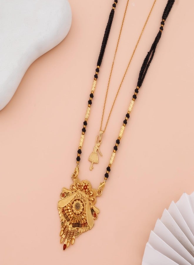 MALKYN Women's Gold Plated Peacock Motif Mangalsutra with Enamel Work and Ballerina Pendant Layered Necklace Set, Traditional Black Beaded Indian Wedding Jewelry-MD-032 - Image 2