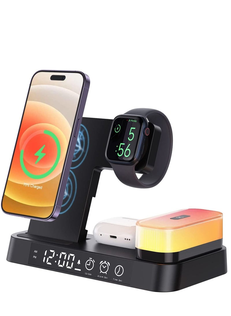 Generic - Wireless Charging Station with Alarm Clock LED Night Light 4 in 1 Fast Wireless Charger for iPhone 14/13/12/11/Pro/Max/XS/XR Wireless Charging Stand Dock for Apple Watch Black - Image 1