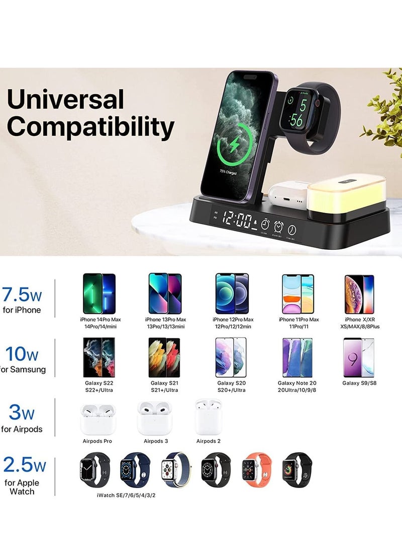 Generic - Wireless Charging Station with Alarm Clock LED Night Light 4 in 1 Fast Wireless Charger for iPhone 14/13/12/11/Pro/Max/XS/XR Wireless Charging Stand Dock for Apple Watch Black - Image 1