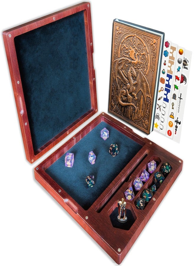 صينية نرد خشبية ودفتر يوميات خاص بلعبة Dungeons & Dragons | صندوق نرد كبير للعبة Dungeons & Dragons مع صينية مزدوجة للتدحرج ومساحة تخزين - يتسع لمجموعتين من نرد ألعاب تقمص الأدوار، ومجسم مصغر، وقلم رصاص (النرد والمجسم المصغر غير متضمنين) | إكسسوارات وهدايا لألعاب تقمص الأدوار على الطاولة - Image 1