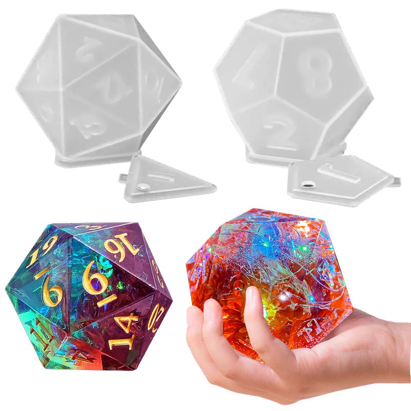 Large Dice Resin Molds 2 Styles Silicone Dice Mold for Epoxy Resin Casting Triangle Hexagonal D20 D12 Dice Game Mold with Number Silicone Resin Candle Mold for DIY Art Craft Home Decor