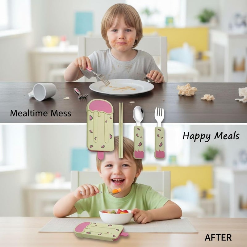 4 Pcs Stainless Steel Cutlery Set For Youngsters, Portable Green Silverware, Includes Spoon, Fork, 5.9 In / 15 Cm Chopsticks, Cartoon Ice Cream Utensils With A Lightweight Case - Image 4
