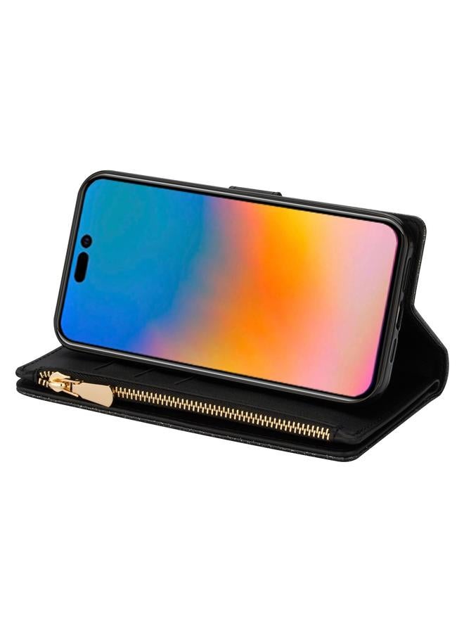 S-TOP Case For iPhone 14 Pro Max Multi-card Slots Laser Carving Glitter Zipper Leather Case - Image 4