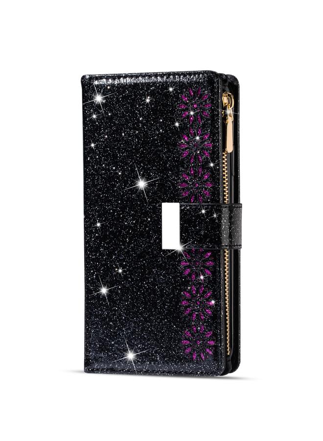 S-TOP Case For iPhone 14 Pro Max Multi-card Slots Laser Carving Glitter Zipper Leather Case - Image 2