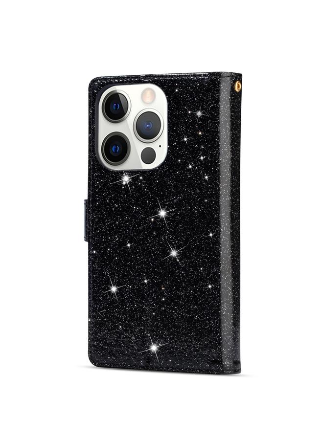 S-TOP Case For iPhone 14 Pro Max Multi-card Slots Laser Carving Glitter Zipper Leather Case - Image 3