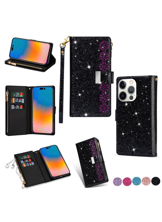 S-TOP Case For iPhone 14 Pro Max Multi-card Slots Laser Carving Glitter Zipper Leather Case - Image 1
