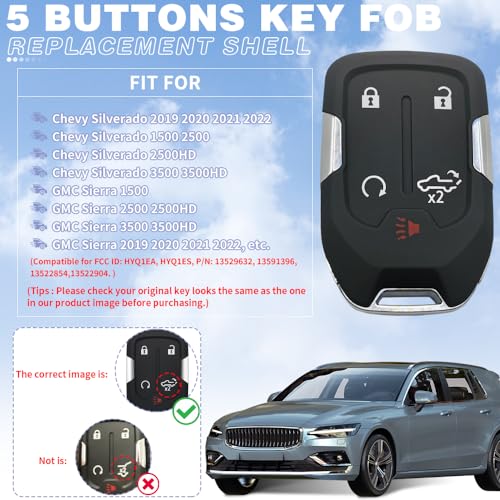 JJCHQ Key Fob Shell Case Replacement Fits for Chevy Silverado 2022 2021 2020 2019 and GMC Sierra 1500 2500HD 3500HD 5 Button Keyless Entry Remote Control Smart Car Key Fob Cover - Image 3