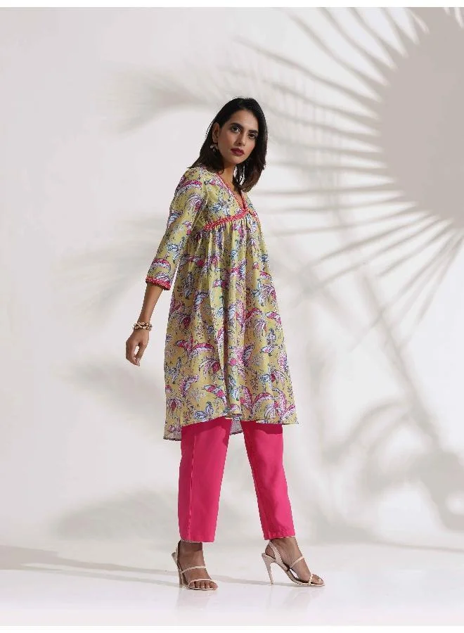 trueBrowns Yellow Print Anarkali Kurta Co-ord Set