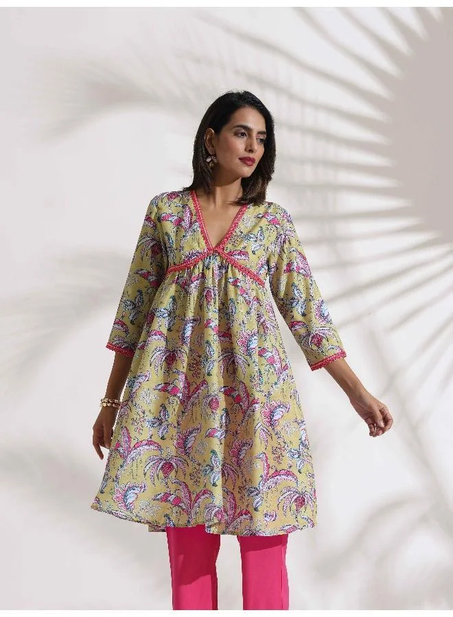 trueBrowns Yellow Print Anarkali Kurta Co-ord Set