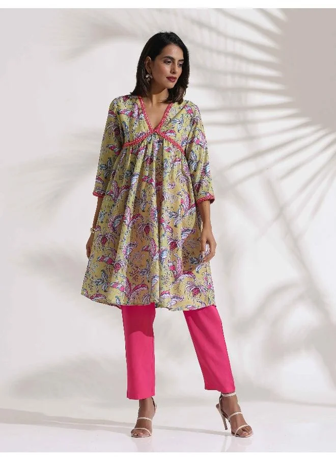 ترو برونز trueBrowns Yellow Print Anarkali Kurta Co-ord Set