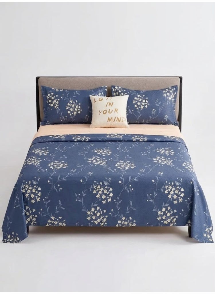 3-Piece 150 GSM Microfiber King Size Bed Sheet Set - Dusty Blue with Delicate White Floral Vines, Includes 1 Flat Sheet (270x250 CM) & 2 Pillowcases (50x75 CM) - Image 1