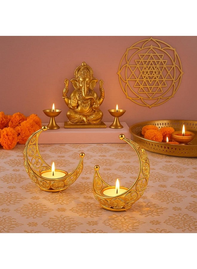 CentraLit Tea Light Crystal Candle Holder Moon Shaped, Metal Lanterns, Diwali Puja Home Decor Item Diya TeaLight Return Gifts for Pooja, Wedding, Ramadan, Housewarming, Table Decor (PackOf2) - Image 2