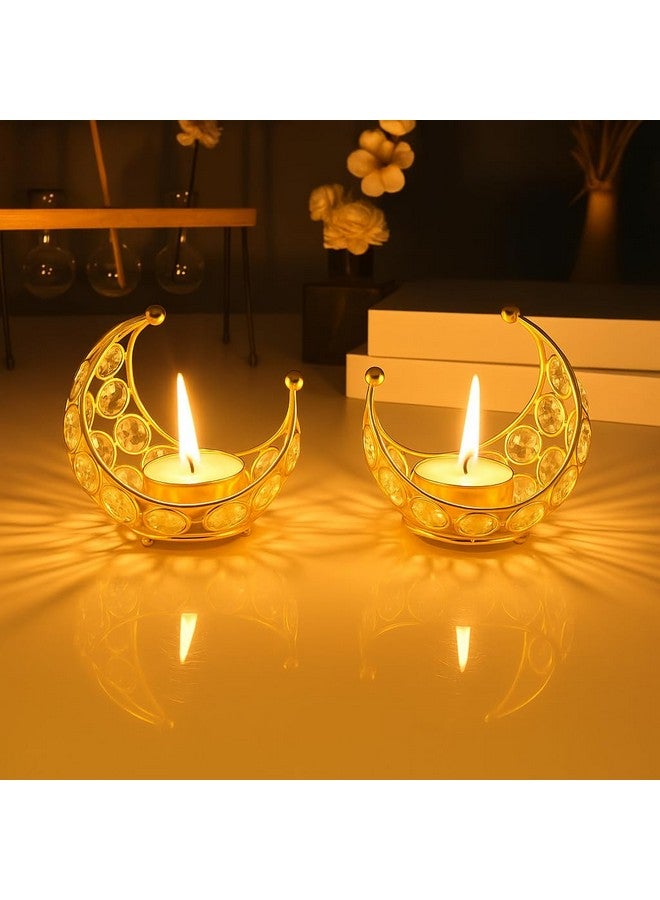 CentraLit Tea Light Crystal Candle Holder Moon Shaped, Metal Lanterns, Diwali Puja Home Decor Item Diya TeaLight Return Gifts for Pooja, Wedding, Ramadan, Housewarming, Table Decor (PackOf2) - Image 1