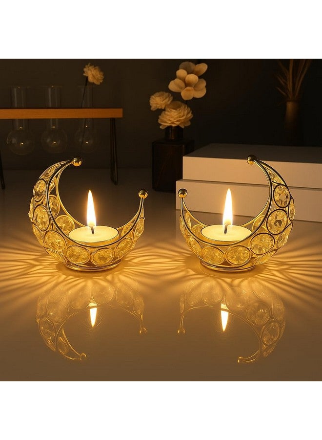 CentraLit Tea Light Crystal Candle Holder Moon Shaped, Metal Lanterns, Diwali Puja Home Decor Item Diya TeaLight Return Gifts for Pooja, Wedding, Ramadan, Housewarming, Table Decor (PackOf2) - Image 4