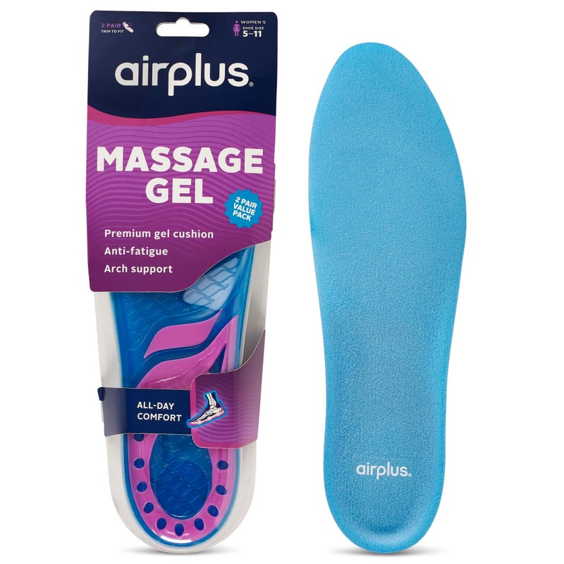 Airplus Massage Gel Insoles, Premium Gel Cushioning with Heel and Ball-of-Foot, Arch Support Insoles, Thin Profile, Trim-to-Fit, Full Length Comfort for Casual, Athletic, and Dress Shoes, Women's 5-11 - Image 1