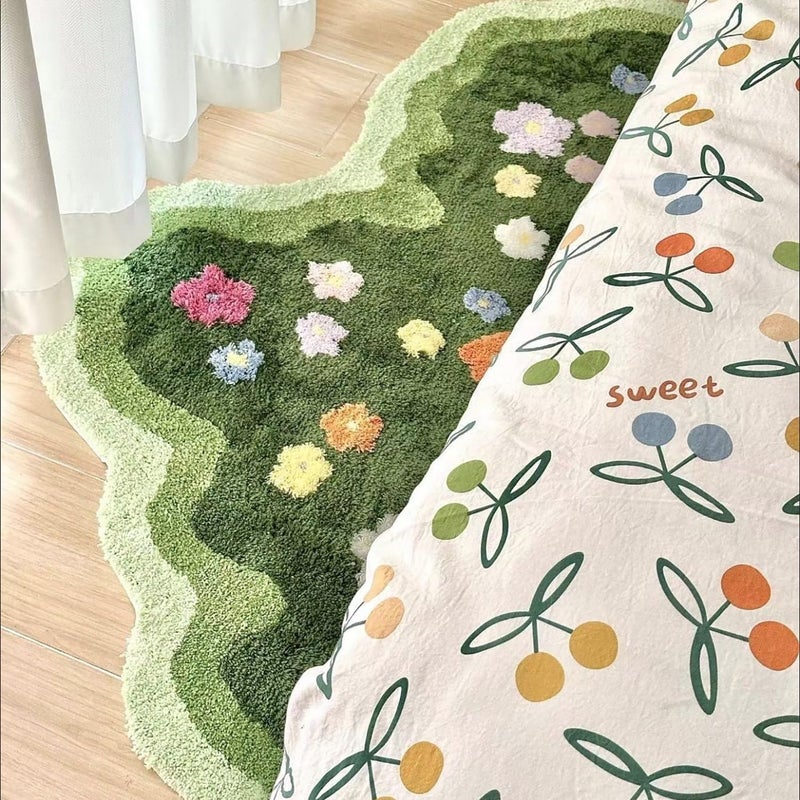 Funvalley Surperfect Cute Garden Flower Moss Rug for Bedroom, Lovely Green Moss Carpet Living Room, Irregular Flower Pattern Non Slip Water Absorbent Modern Aesthetic Soft Microfiber Decorative Carpet(19.68x31.5 Inches) - Image 1